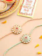 NVR Men Set of 2 Peach & Green Kundan Studded Round Floral Design Rakhi with Roli Chawal Chandan & Mishri | Grocsy