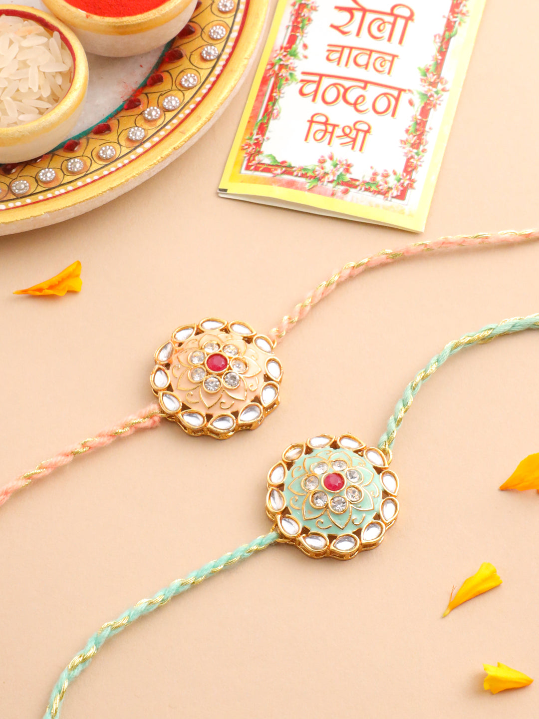 NVR Men Set of 2 Peach & Green Kundan Studded Round Floral Design Rakhi with Roli Chawal Chandan & Mishri | Grocsy