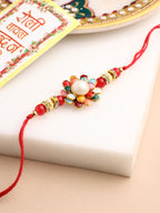 NVR Men Multicolor Beads & Pearls Floral Design Thread Rakhi Roli Chawal Chandan & Mishri | Grocsy