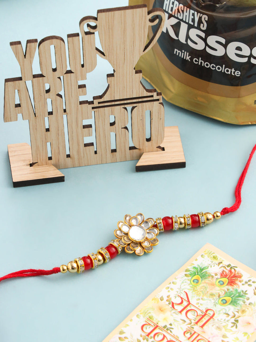 NVR Men's Red Kundan Studded Floral Design Thread Rakhi, Combo for Rakshabandhan | Grocsy