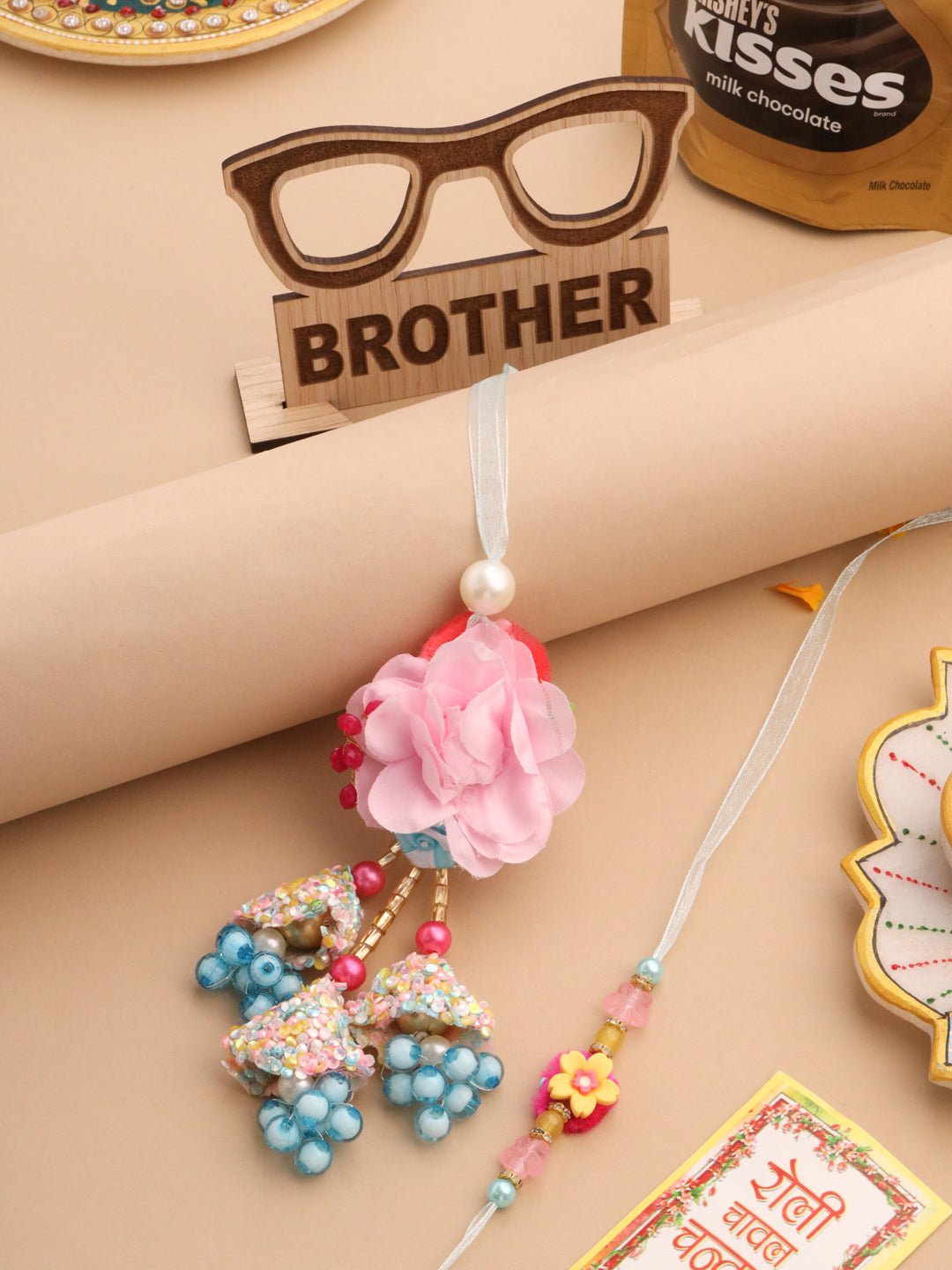 NVR Set of 2 Multicolor Artificial Beads Floral Design Bhaiya Bhabhi Rakhi Combo | Grocsy