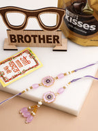 NVR Set of 2 Purple Artificial Stones & Beads Floral Design Thread Bhaiya Bhabhi Rakhi Combo | Grocsy