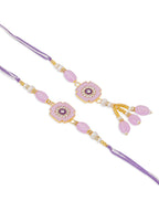 NVR Set of 2 Purple Artificial Stones & Beads Floral Design Thread Bhaiya Bhabhi Rakhi Combo | Grocsy