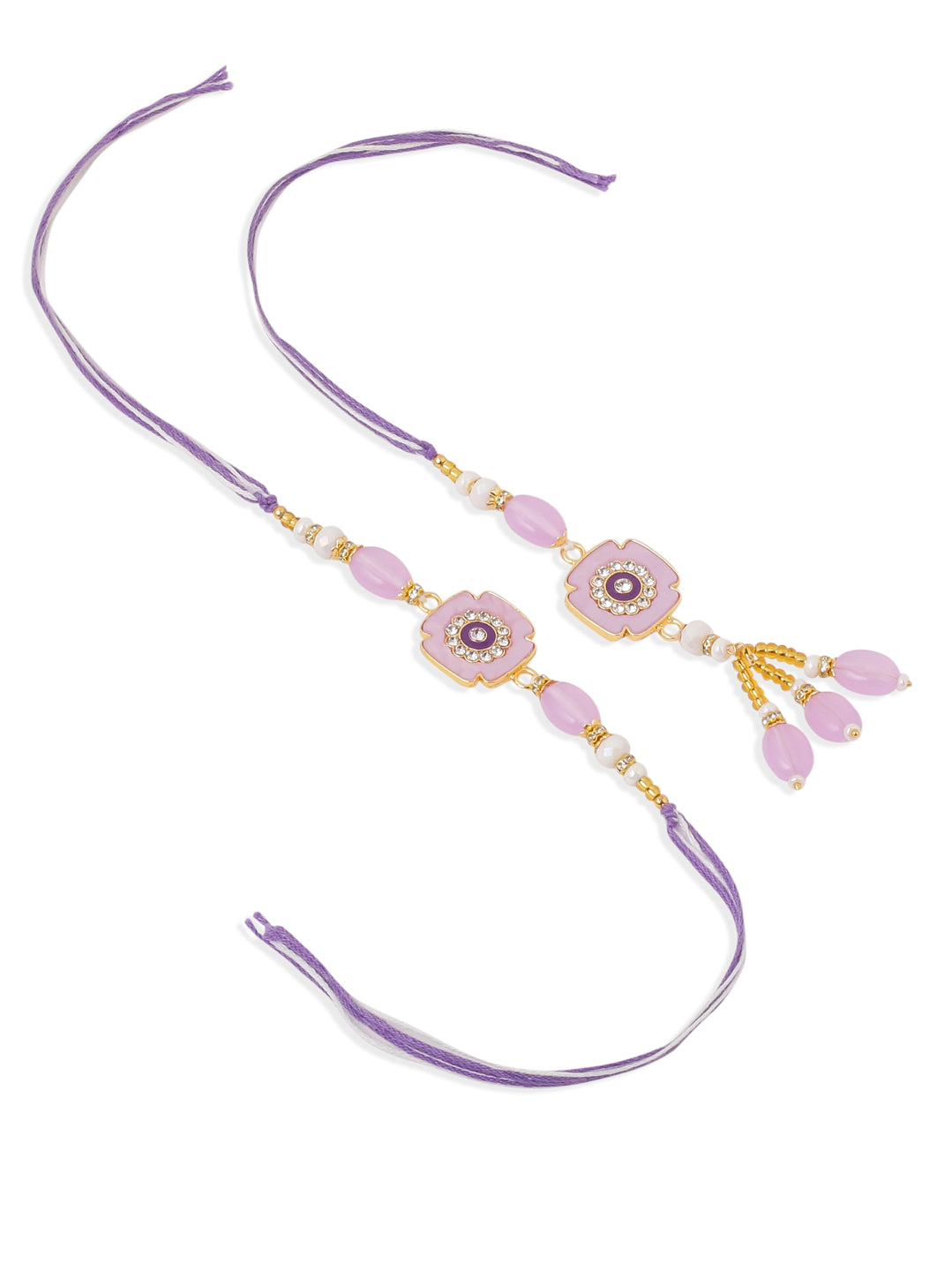 NVR Set of 2 Purple Artificial Stones & Beads Floral Design Thread Bhaiya Bhabhi Rakhi Combo | Grocsy