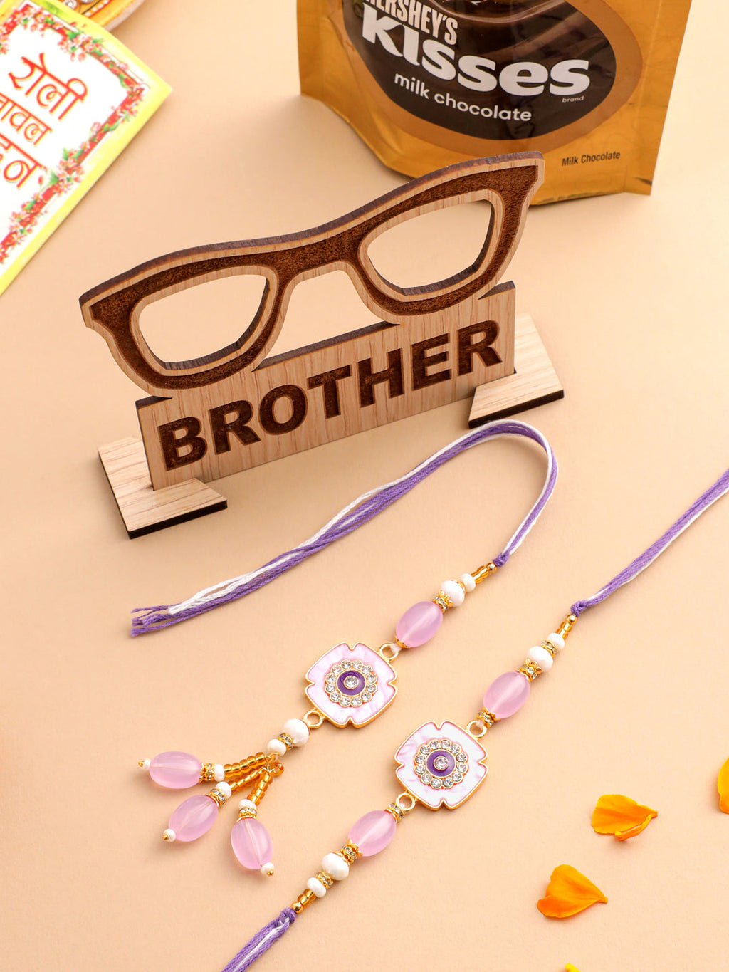 NVR Set of 2 Purple Artificial Stones & Beads Floral Design Thread Bhaiya Bhabhi Rakhi Combo | Grocsy