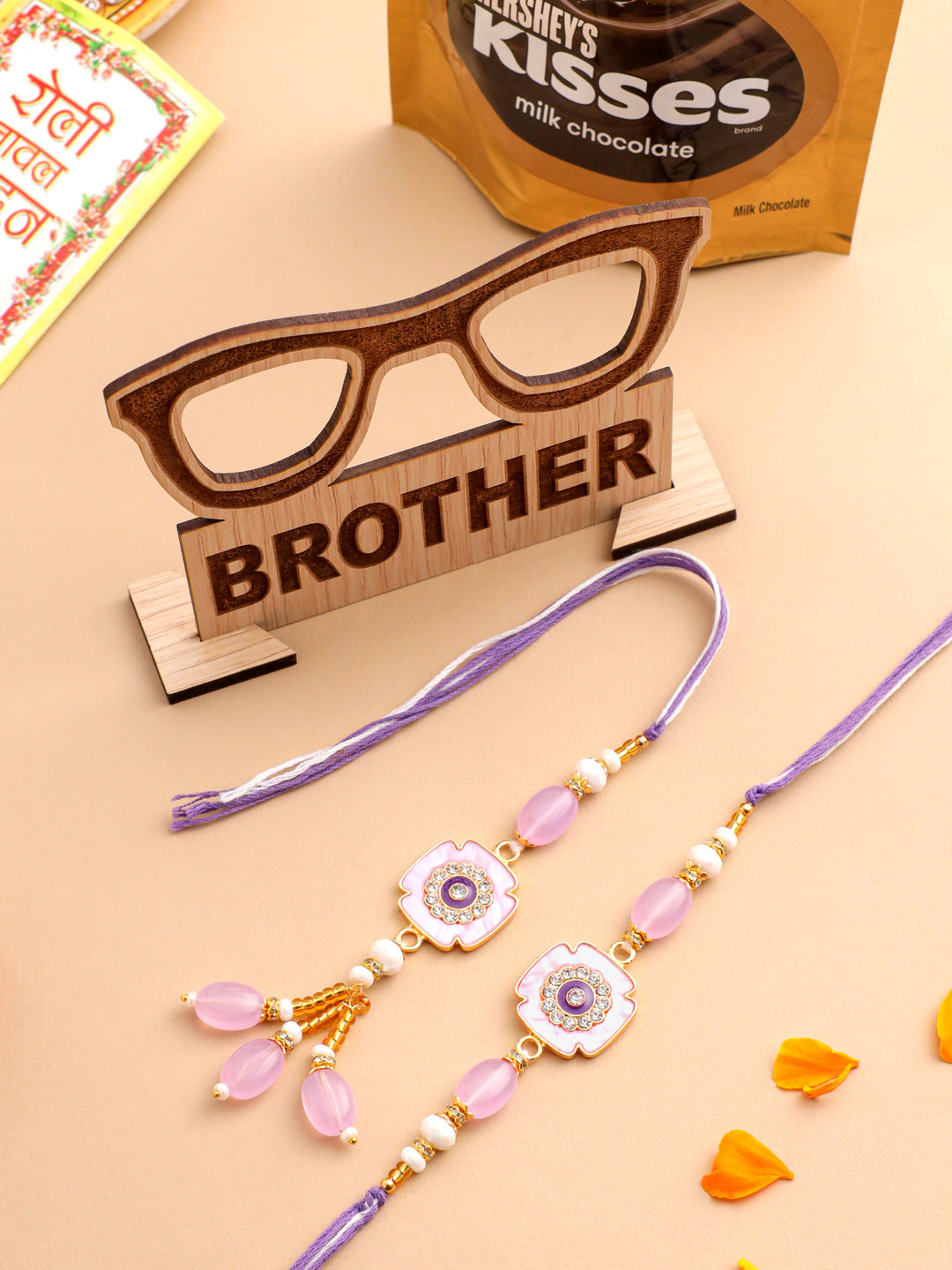 NVR Set of 2 Purple Artificial Stones & Beads Floral Design Thread Bhaiya Bhabhi Rakhi Combo | Grocsy