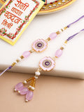 NVR Set of 2 Purple Artificial Stones & Beads Floral Design Thread Bhaiya Bhabhi Rakhi with Roli Chawal Chandan & Mishri | Grocsy