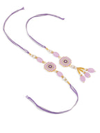 NVR Set of 2 Purple Artificial Stones & Beads Floral Design Thread Bhaiya Bhabhi Rakhi with Roli Chawal Chandan & Mishri | Grocsy