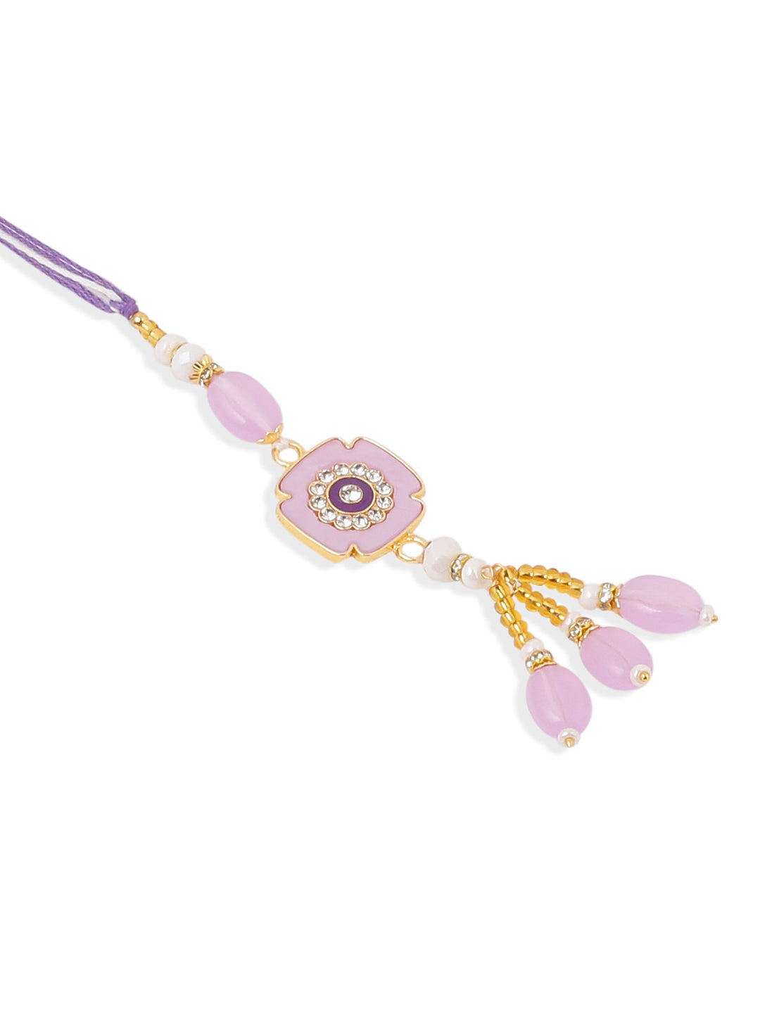 NVR Set of 2 Purple Artificial Stones & Beads Floral Design Thread Bhaiya Bhabhi Rakhi with Roli Chawal Chandan & Mishri | Grocsy