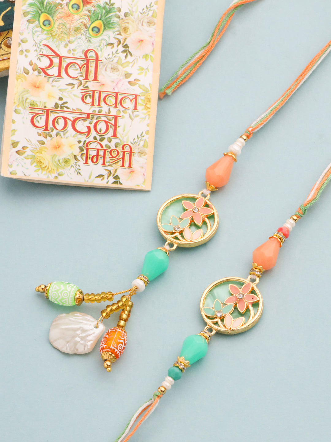 NVR Set of 2 Multicolor Artificial Beads Traditional Bhaiya Bhabhi Pair Rakhi Set with Roli Chawal Chandan & Mishri | Grocsy