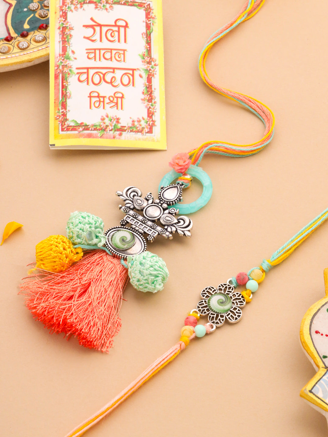 NVR Set of 2 Artificial Beads Traditional Bhaiya Bhabhi Pair Rakhi Set with Roli Chawal Chandan & Mishri | Grocsy