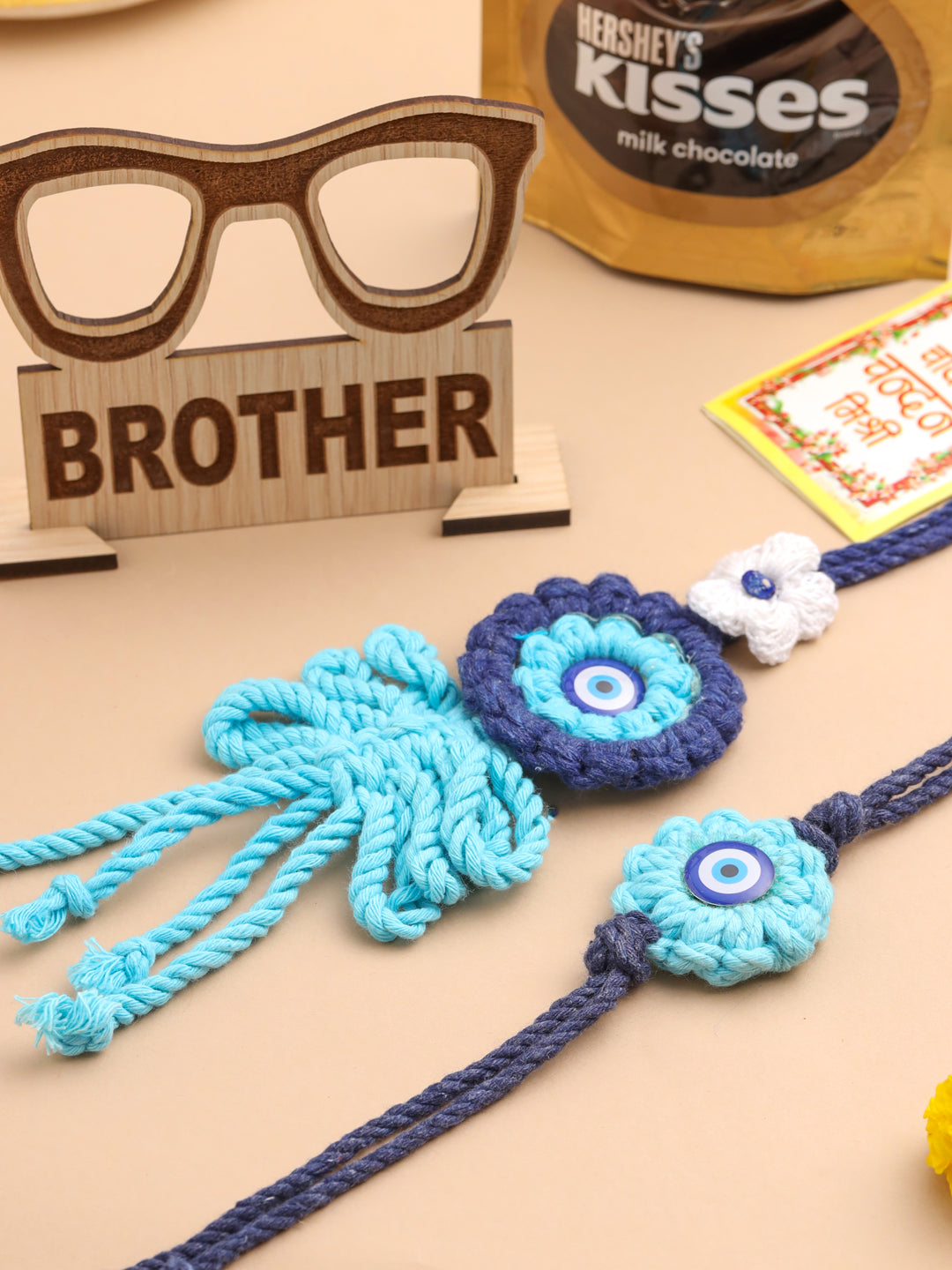 NVR Set of 2 Blue Evil Eye Floral Style Bhaiya Bhabhi Rakhi Set, Combo for Rakshabandhan | Grocsy