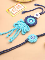 NVR Set of 2 Blue Evil Eye Floral Bhaiya Bhabhi Rakhi With Roli Chawal Chandan & Mishri | Grocsy