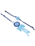 NVR Set of 2 Blue Evil Eye Floral Bhaiya Bhabhi Rakhi With Roli Chawal Chandan & Mishri | Grocsy