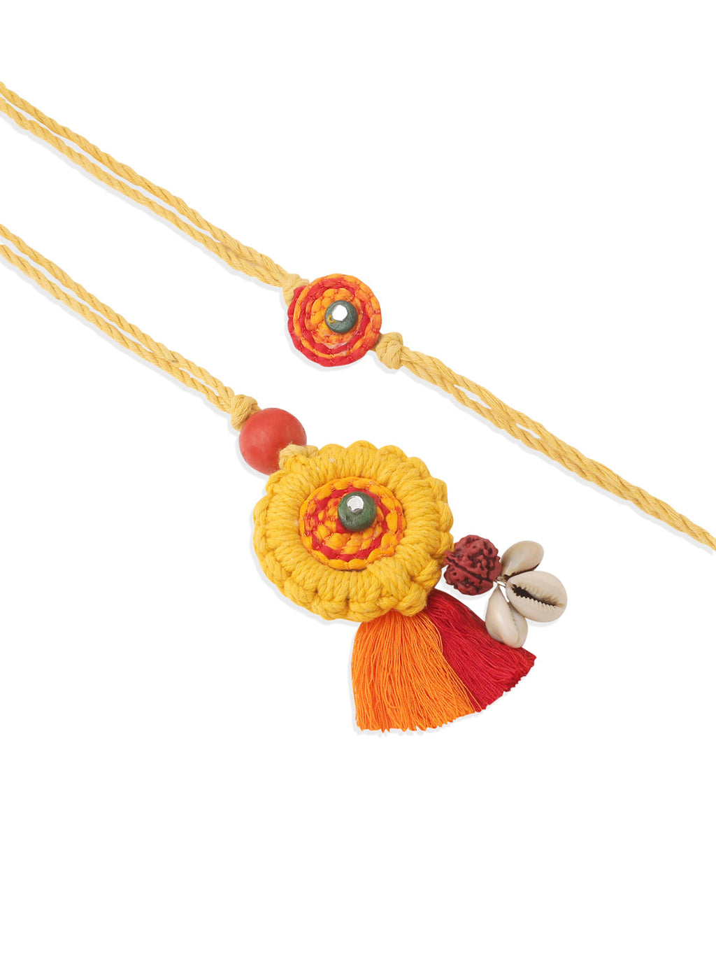 NVR Set of 2 Yellow Sea Shell Round Floral Design Bhaiya Bhabhi Rakhi Combo | Grocsy