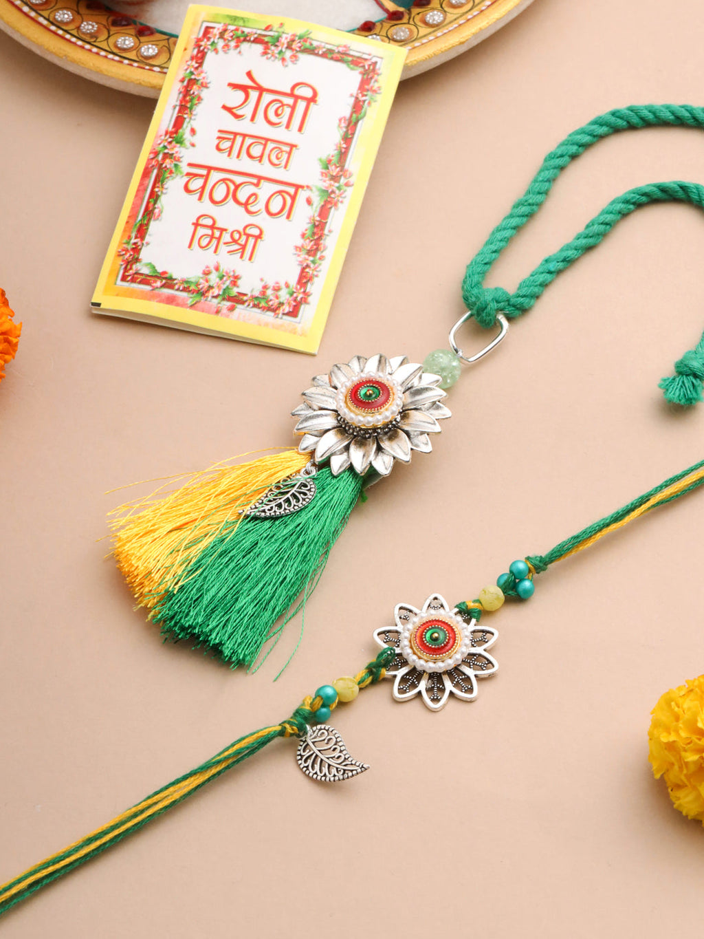 NVR Set of 2 Green Pearls Bhaiya Bhabhi Thread Rakhi with Roli Chawal Chandan & Mishri | Grocsy