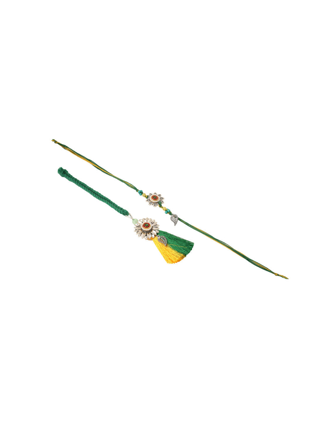 NVR Set of 2 Green Pearls Bhaiya Bhabhi Thread Rakhi with Roli Chawal Chandan & Mishri | Grocsy