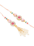 NVR Set of 2 Multicolor Artificial Stones & Beads Round Floral Bhaiya Bhabhi Rakhi Combo | Grocsy
