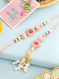 NVR Set of 2 Multicolor Artificial Stones & Beads Round Floral Bhaiya Bhabhi Rakhi with Roli Chawal Chandan & Mishri | Grocsy