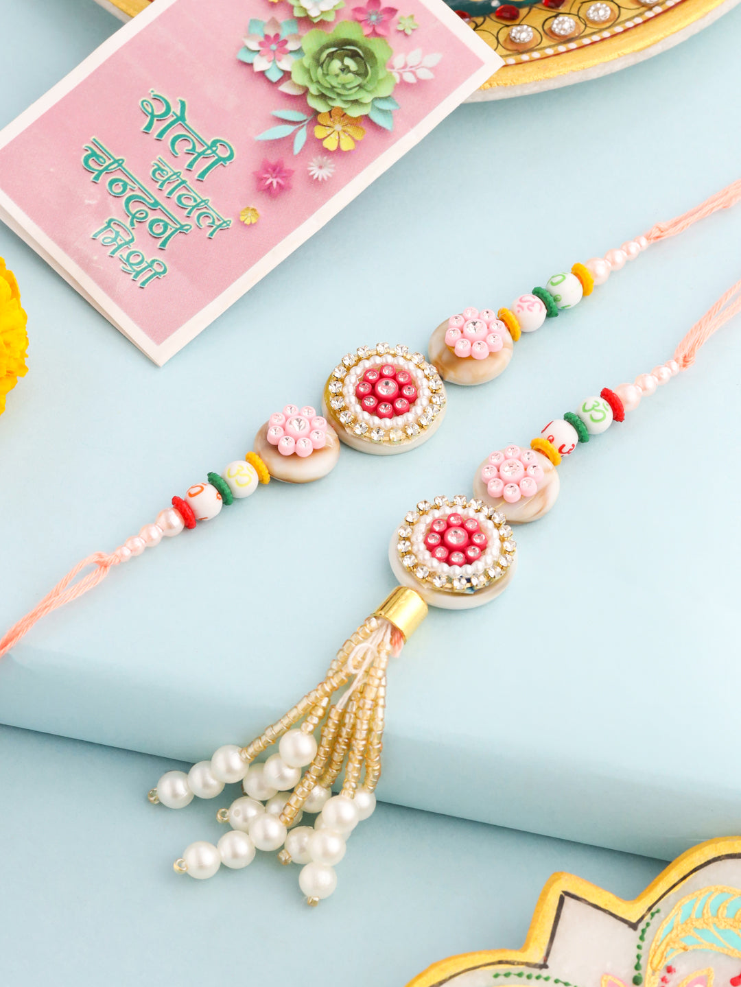NVR Set of 2 Multicolor Artificial Stones & Beads Round Floral Bhaiya Bhabhi Rakhi with Roli Chawal Chandan & Mishri | Grocsy