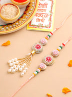 NVR Set of 2 Multicolor Artificial Stones & Beads Round Floral Bhaiya Bhabhi Rakhi with Roli Chawal Chandan & Mishri | Grocsy