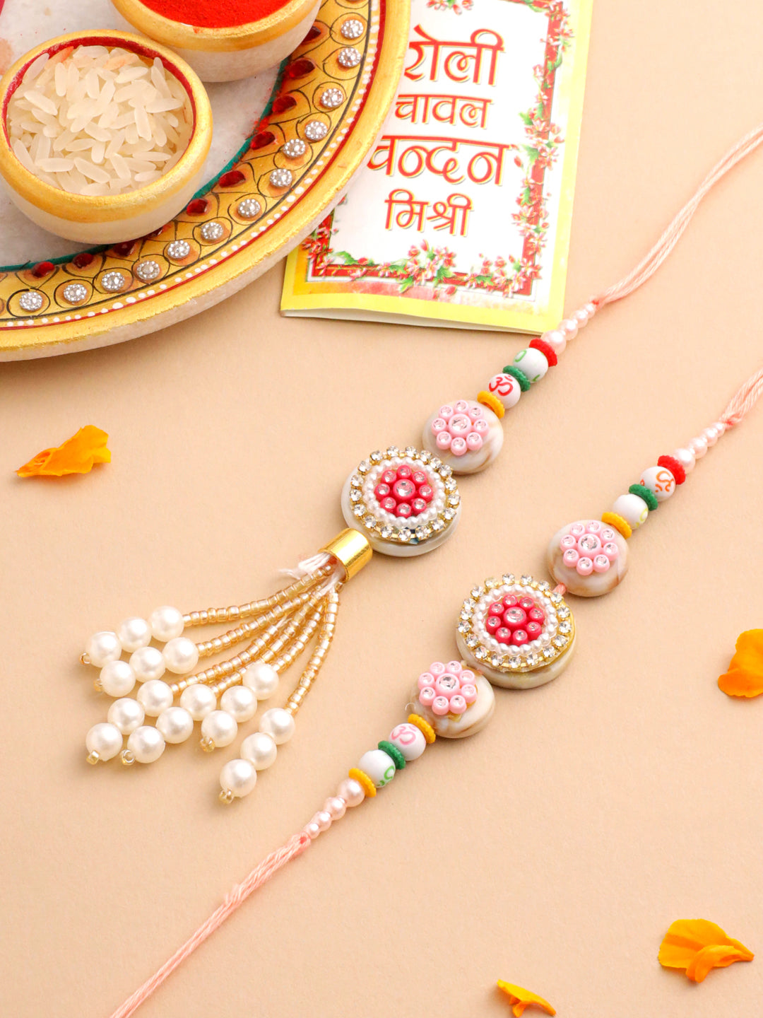 NVR Set of 2 Multicolor Artificial Stones & Beads Round Floral Bhaiya Bhabhi Rakhi with Roli Chawal Chandan & Mishri | Grocsy
