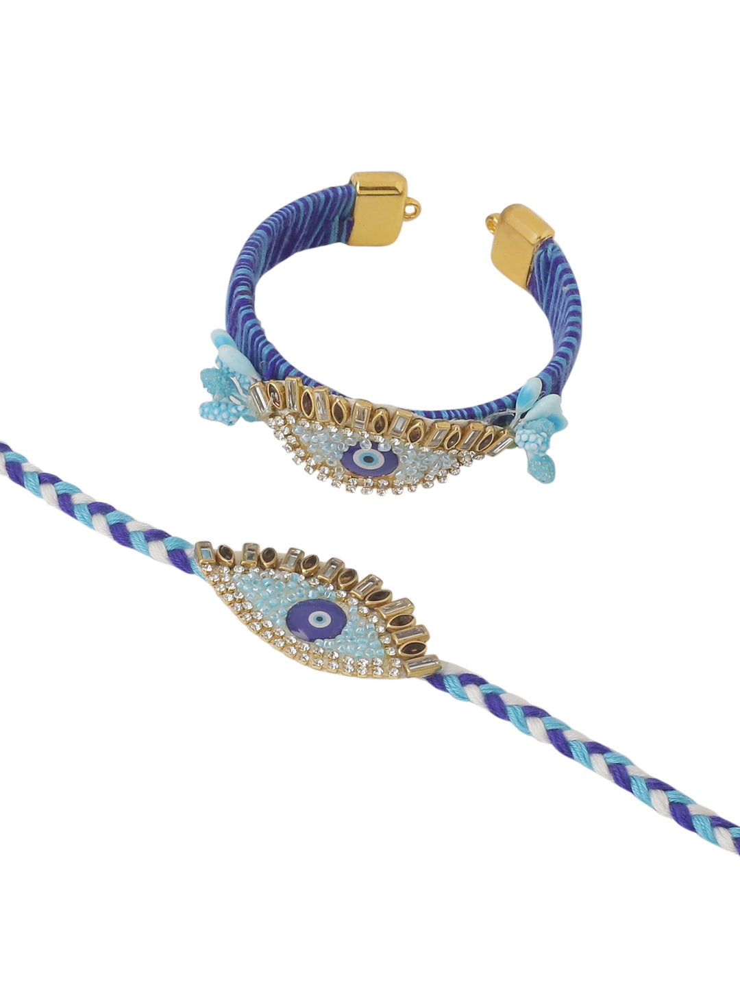 NVR Set of 2 Blue Evil Eye & Kundan Studded Handcrafted Bhaiya Bhabhi Rakhi Combo | Grocsy