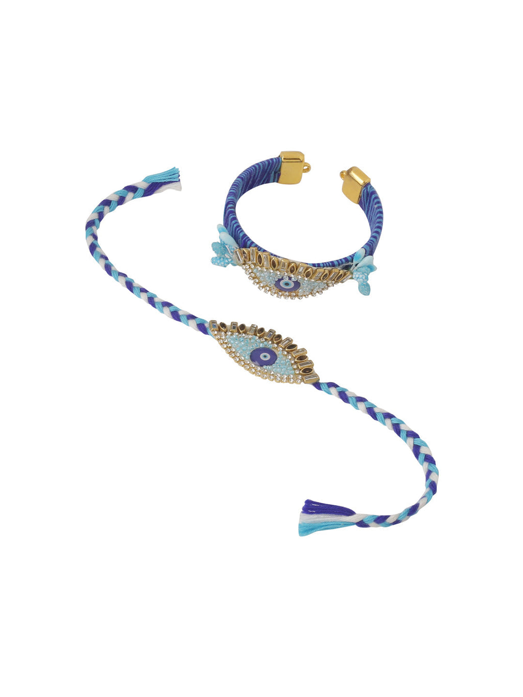 NVR Set of 2 Blue Evil Eye & Kundan Studded Handcrafted Bhaiya Bhabhi Rakhi Combo | Grocsy