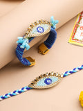 NVR Set of 2 Blue Evil Eye & Kundan Studded Handcrafted Bhaiya Bhabhi Rakhi with Roli Chawal Chandan & Mishri | Grocsy