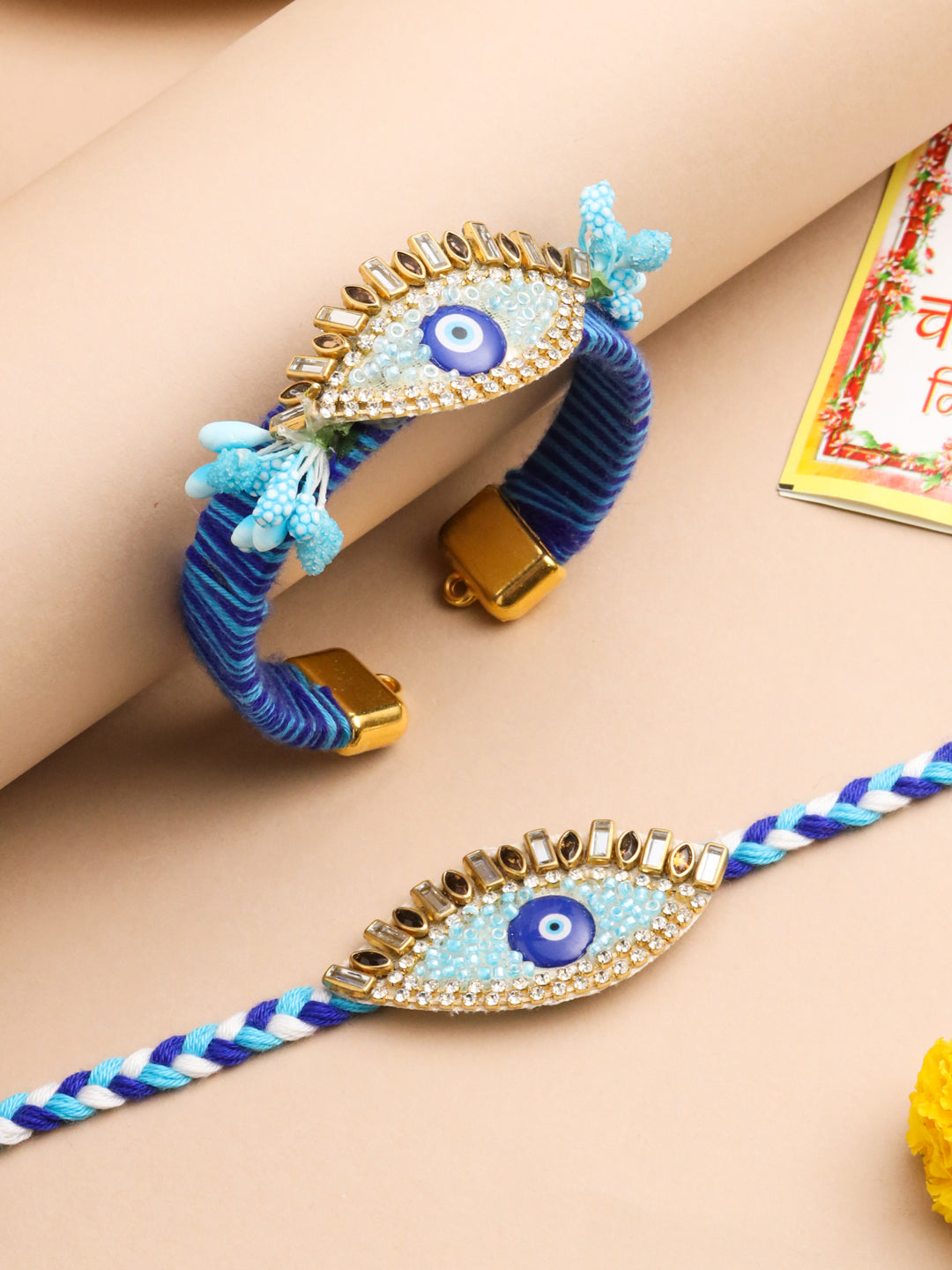NVR Set of 2 Blue Evil Eye & Kundan Studded Handcrafted Bhaiya Bhabhi Rakhi with Roli Chawal Chandan & Mishri | Grocsy