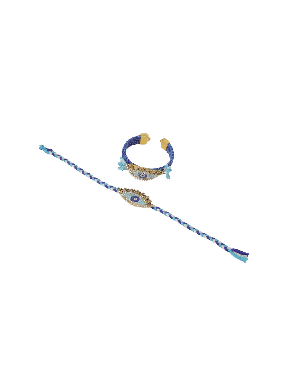 NVR Set of 2 Blue Evil Eye & Kundan Studded Handcrafted Bhaiya Bhabhi Rakhi with Roli Chawal Chandan & Mishri | Grocsy