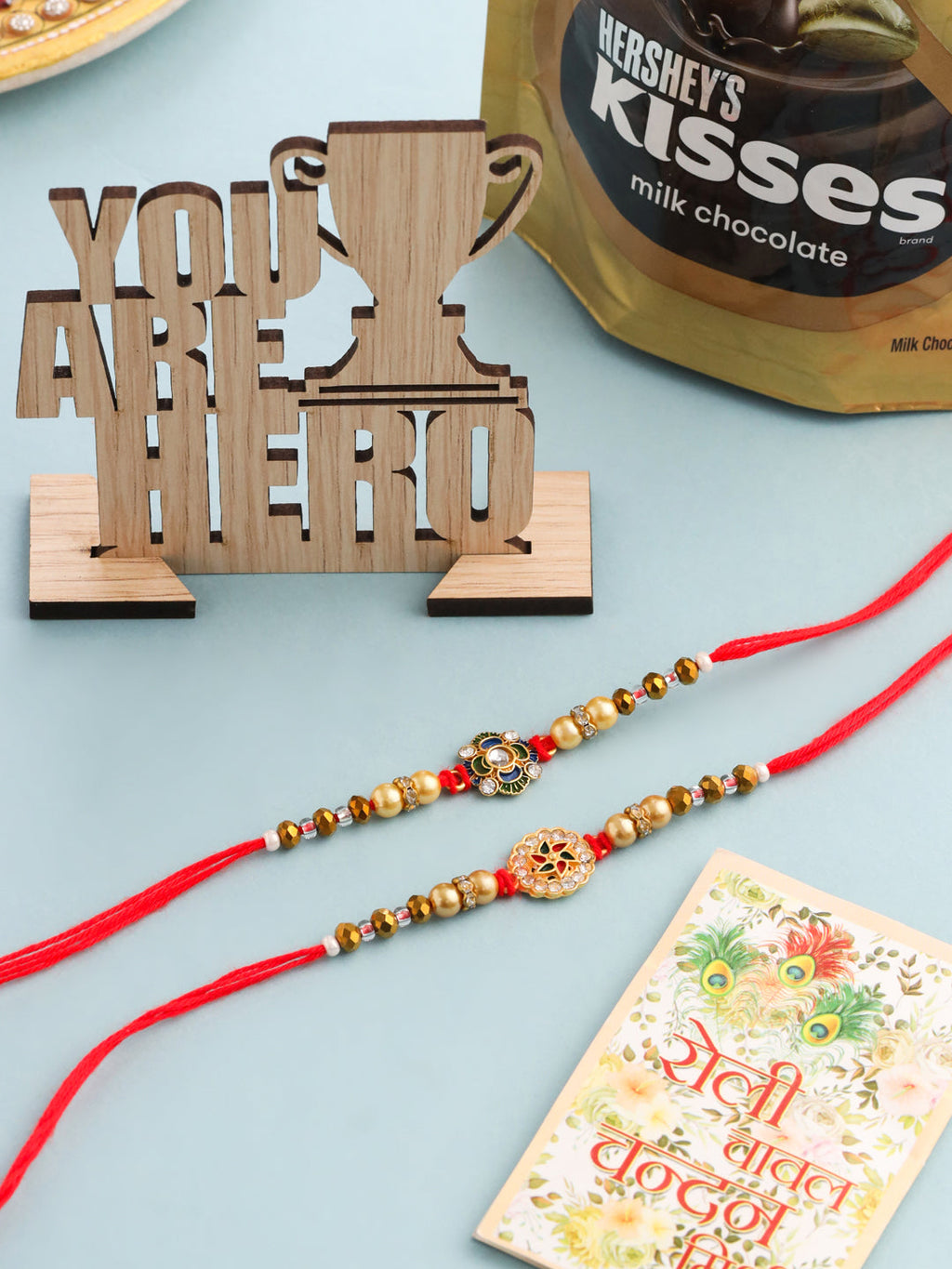 NVR Men Set of 2 Red & Gold Floral Design Artificial Stones & Beads Thread Rakhi Combo | Grocsy