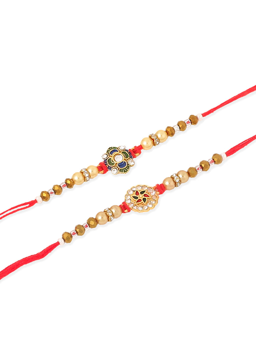 NVR Men Set of 2 Red & Gold Floral Design Artificial Stones & Beads Thread Rakhi Combo | Grocsy