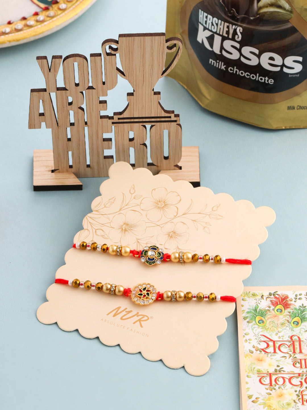 NVR Men Set of 2 Red & Gold Floral Design Artificial Stones & Beads Thread Rakhi Combo | Grocsy
