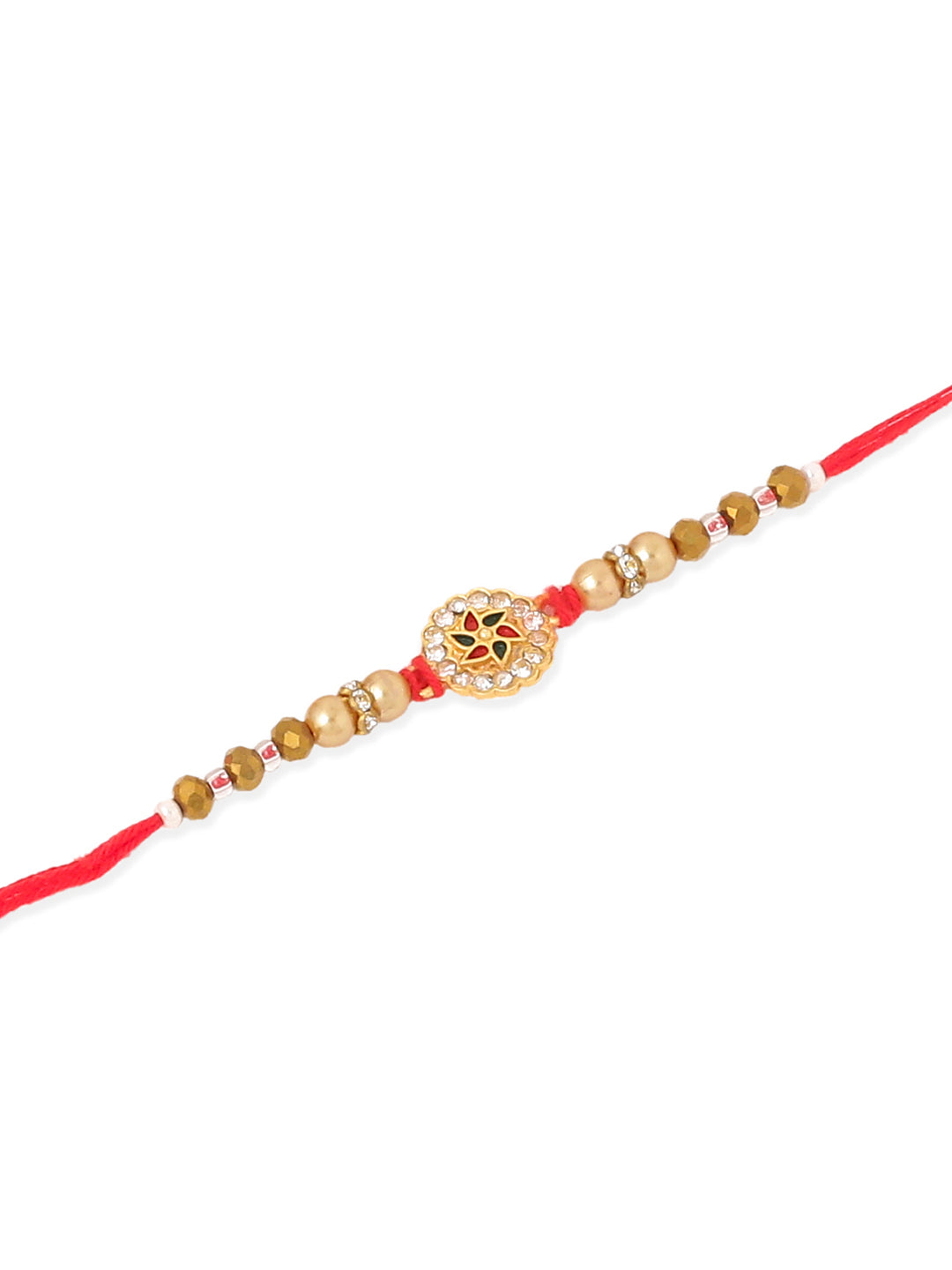 NVR Men Set of 2 Red & Gold Floral Design Artificial Stones & Beads Thread Rakhi With Roli Chawal Chandan & Mishri | Grocsy