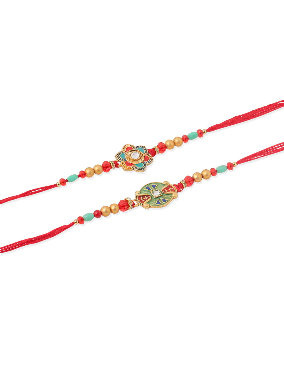 NVR Men Set of 2 Floral Design Red Artificial Stones & Beads Thread Rakhi Combo | Grocsy