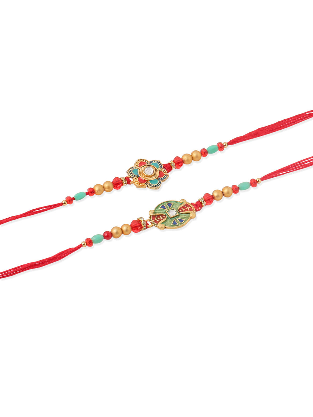 NVR Men Set of 2 Floral Design Red Artificial Stones & Beads Thread Rakhi With Roli Chawal Chandan & Mishri | Grocsy