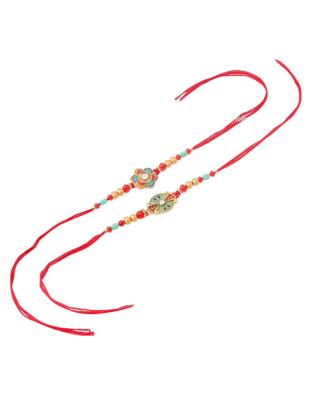 NVR Men Set of 2 Floral Design Red Artificial Stones & Beads Thread Rakhi With Roli Chawal Chandan & Mishri | Grocsy