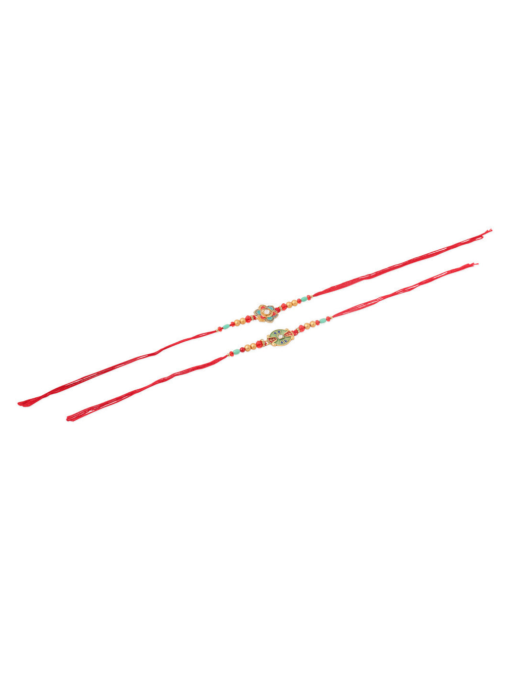 NVR Men Set of 2 Floral Design Red Artificial Stones & Beads Thread Rakhi With Roli Chawal Chandan & Mishri | Grocsy