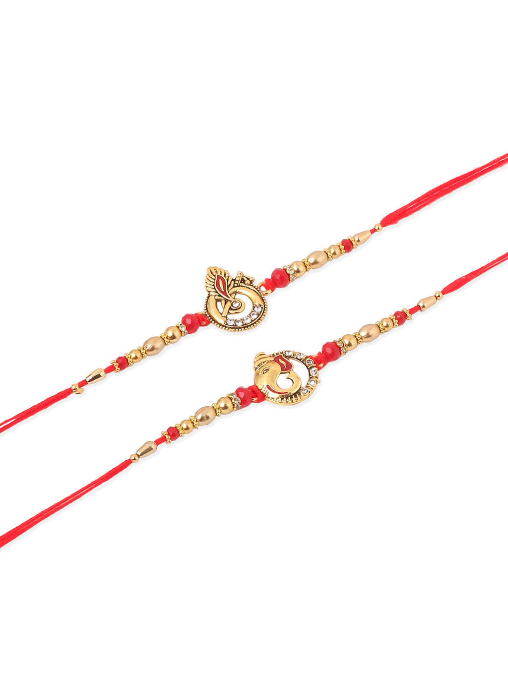 NVR Men Set of 2 Golden Red Religious Designer Ganesh Ji Thread Rakhi With Roli Chawal Chandan & Mishri | Grocsy