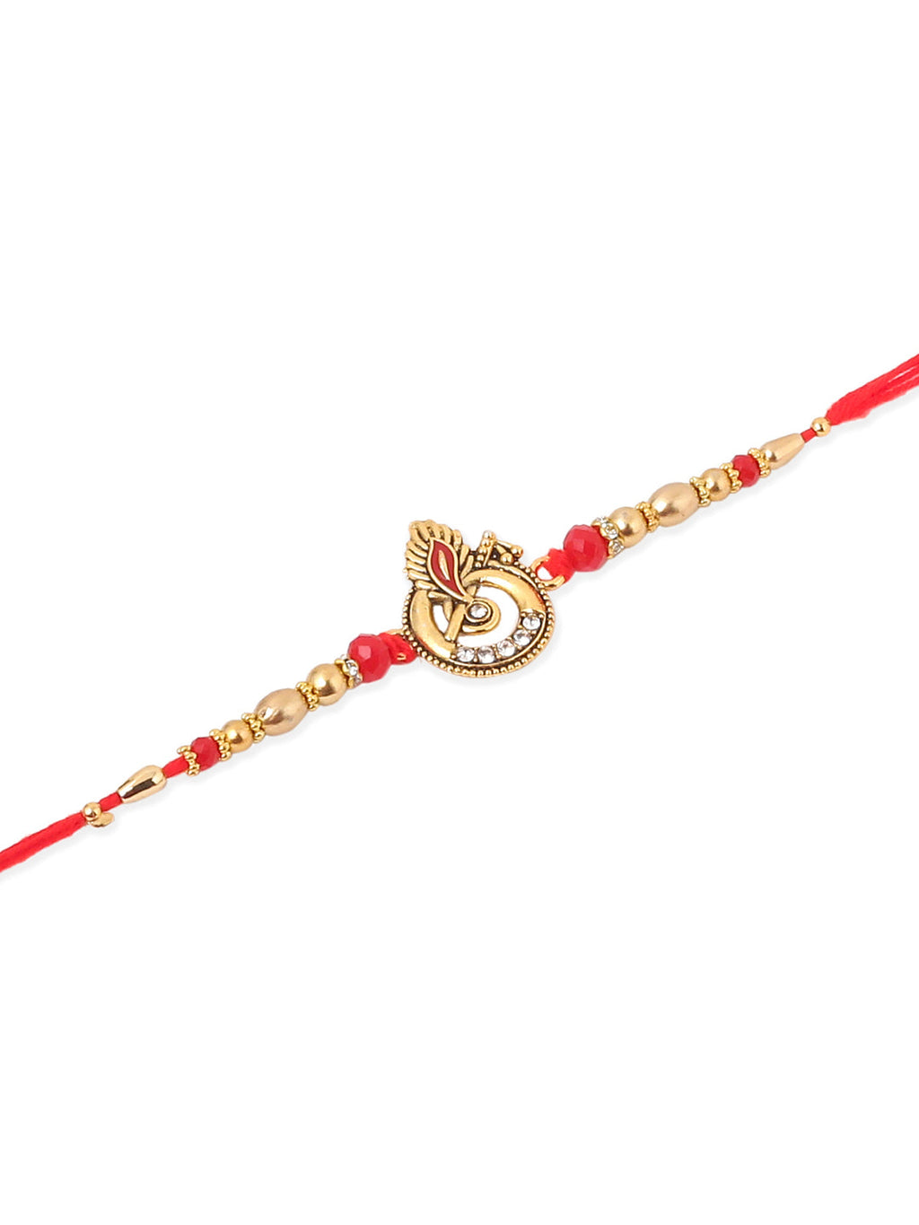 NVR Men Set of 2 Golden Red Religious Designer Ganesh Ji Thread Rakhi With Roli Chawal Chandan & Mishri | Grocsy