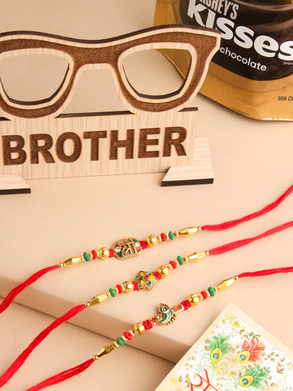 NVR Men Set of 3 Red & Gold Floral Design Artificial Stones and Beads Thread Rakhi Combo | Grocsy