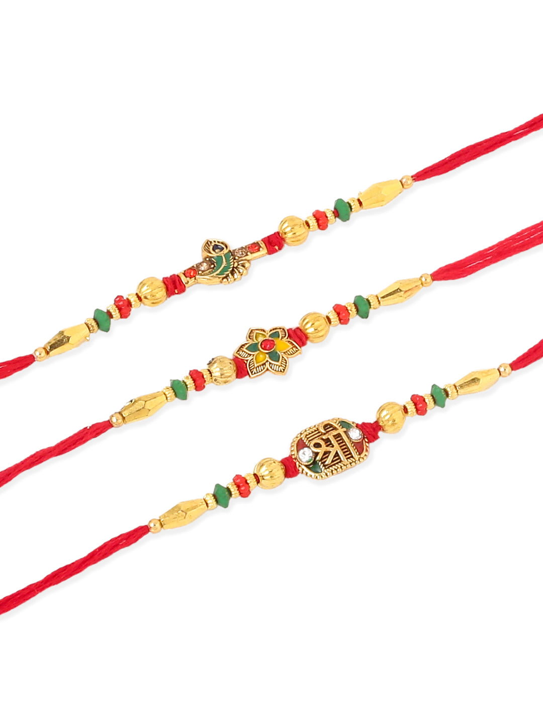 NVR Men Set of 3 Red & Gold Floral Design Artificial Stones and Beads Thread Rakhi Combo | Grocsy