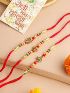 NVR Men Set of 3 Red & Gold Floral Design Artificial Stones and Beads Thread Rakhi With Roli Chawal Chandan & Mishri | Grocsy