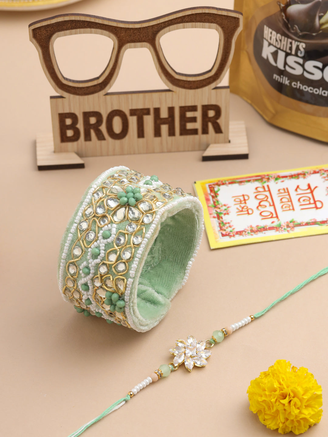 NVR Set of 2 Green Artificial Stones Bhaiya Bhabhi Rakhi Set, Combo for Rakshabandhan | Grocsy