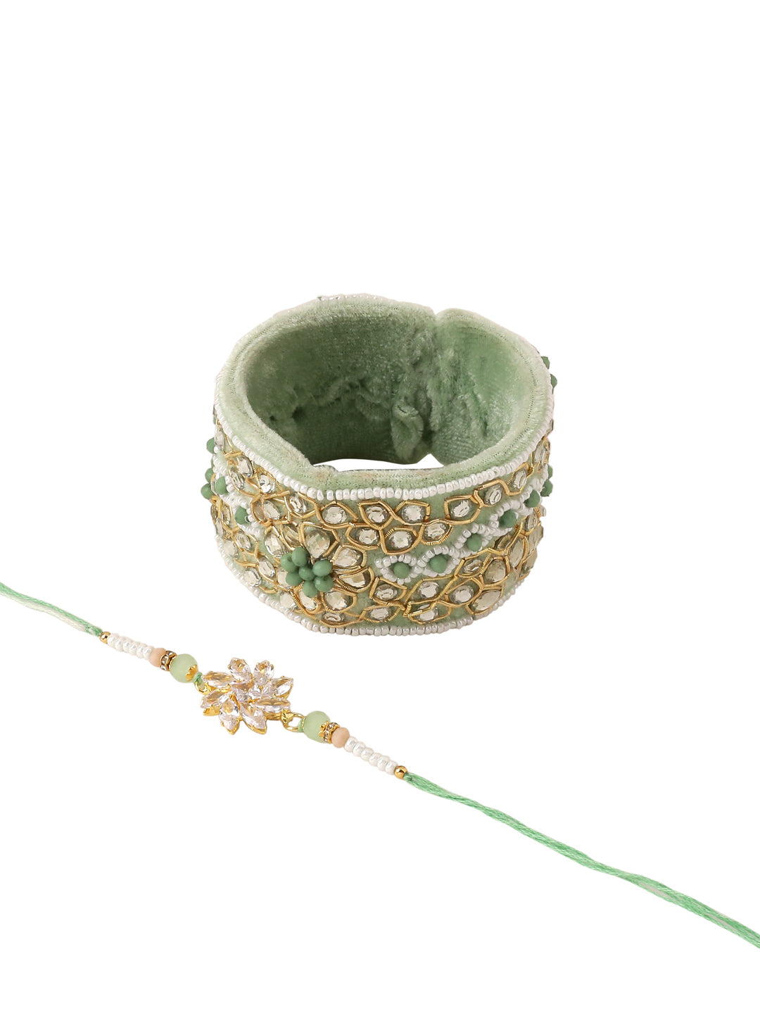 NVR Set of 2 Green Artificial Stones Bhaiya Bhabhi Rakhi Set, Combo for Rakshabandhan | Grocsy