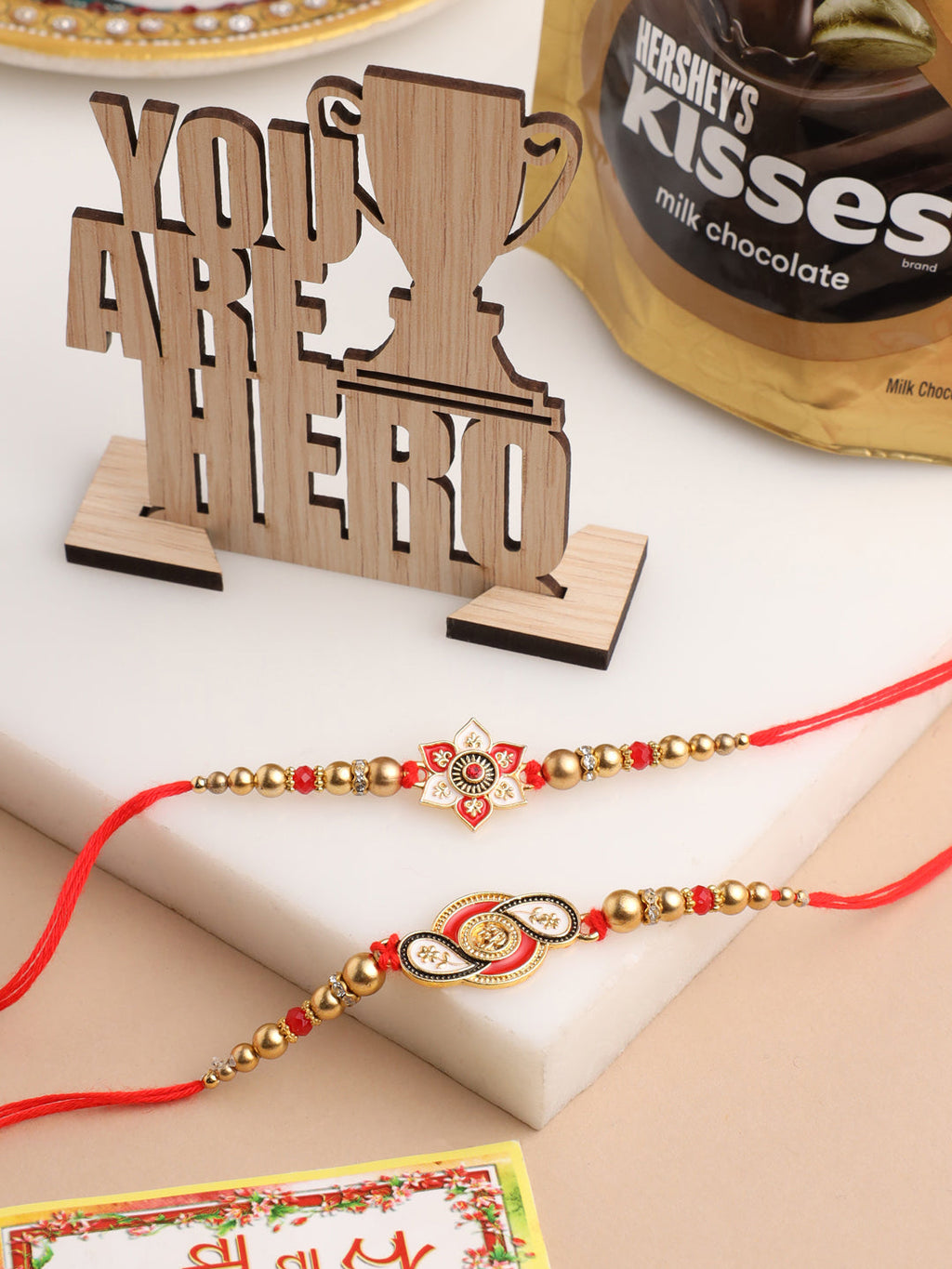 NVR Men Set of 2 Red & Gold Floral Design Artificial Beads Thread Rakhi Combo | Grocsy