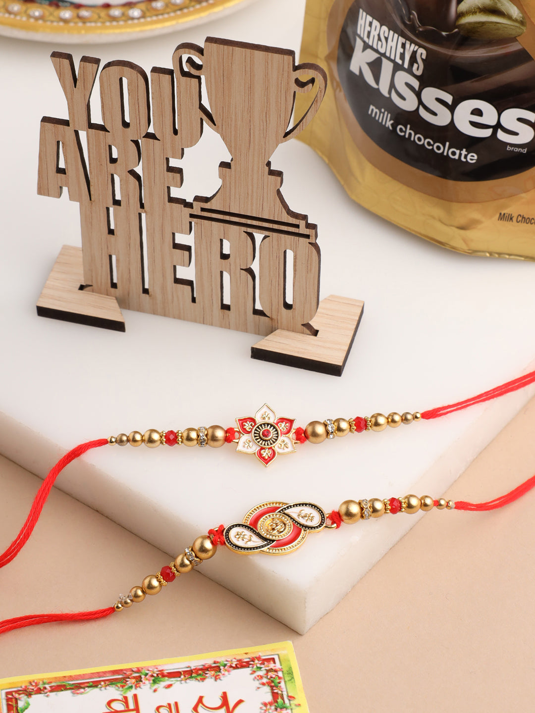 NVR Men Set of 2 Red & Gold Floral Design Artificial Beads Thread Rakhi Combo | Grocsy