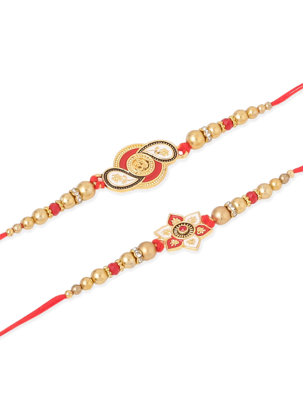 NVR Men Set of 2 Red & Gold Floral Design Artificial Beads Thread Rakhi With Roli Chawal Chandan & Mishri | Grocsy