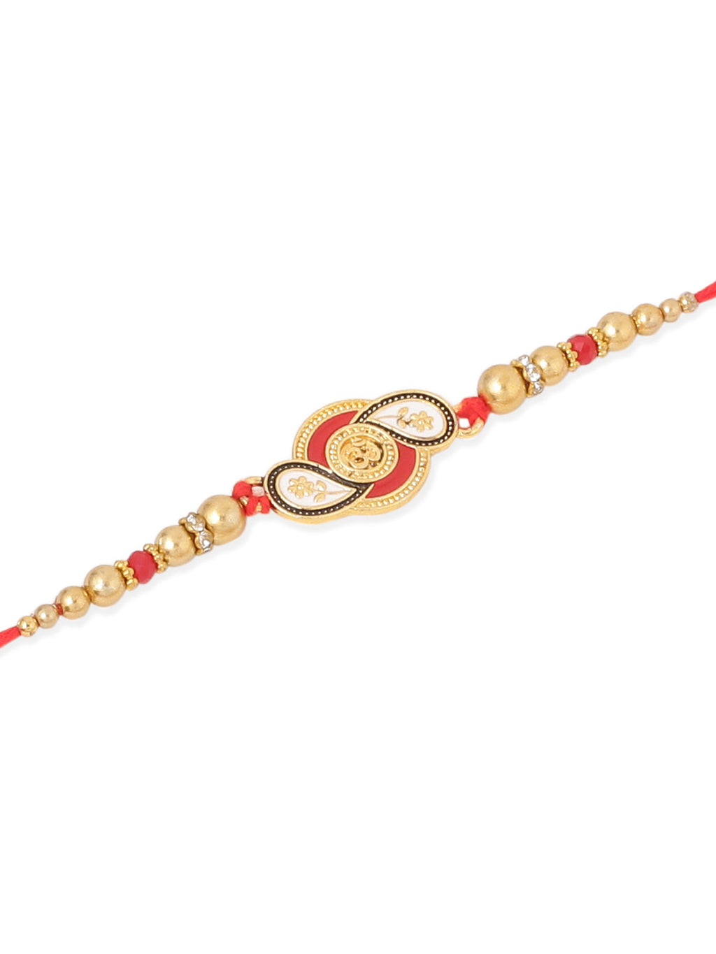 NVR Men Set of 2 Red & Gold Floral Design Artificial Beads Thread Rakhi With Roli Chawal Chandan & Mishri | Grocsy